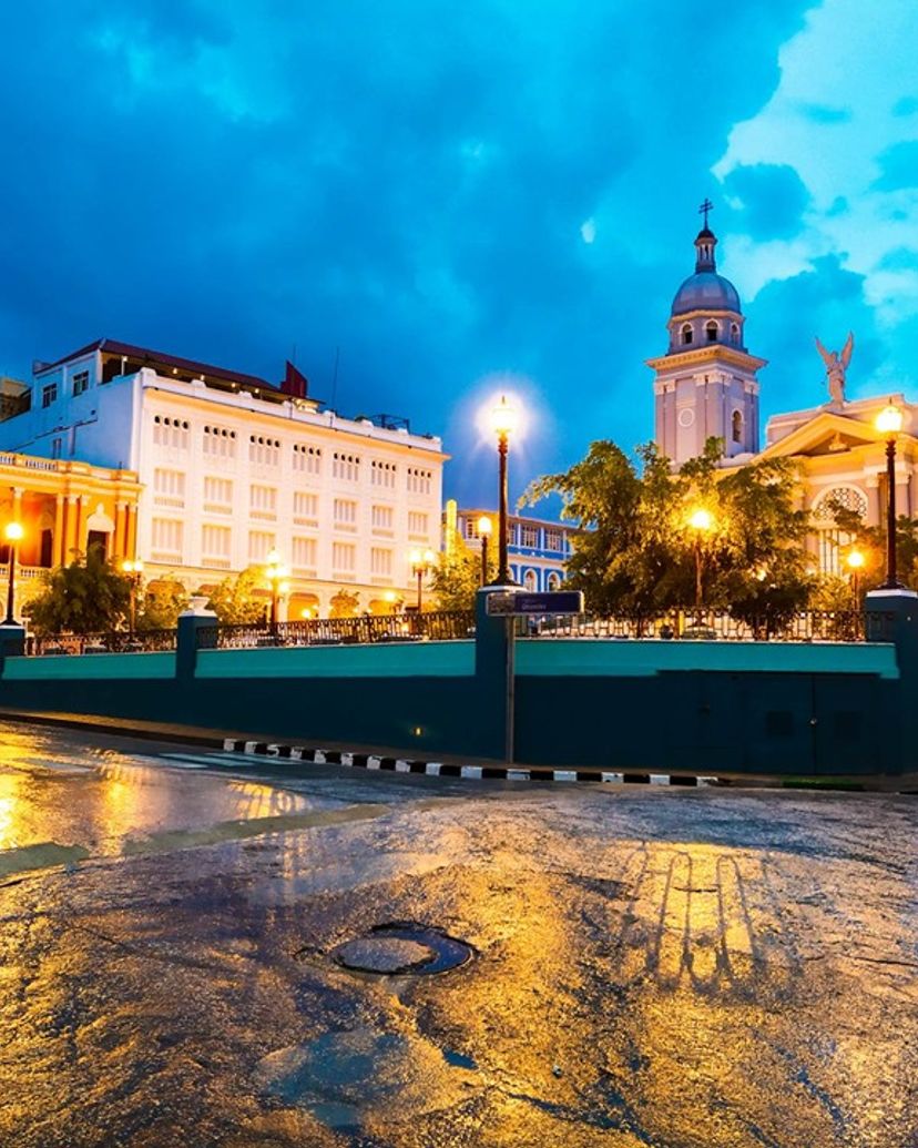 The Cathedral and the Cespedes central park panoramic view, Santiago de Cuba, Cuba.