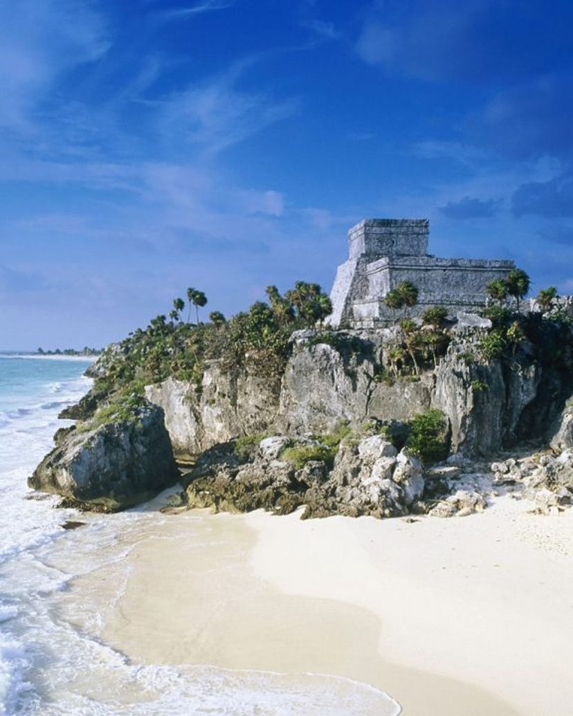 panoramic view of Pyramid "El Castillo" in Tulum Archaeological Zone. Tulum, Mexico.
