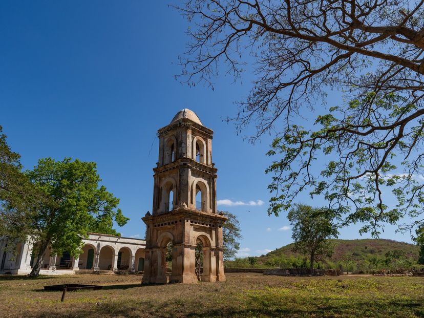 Clock tower in Ruins of Ingenio San Isidro de los Destiladeros, Sugar Mill Valley panoramic view, Trinidad, Sancti Spíritus, Cuba