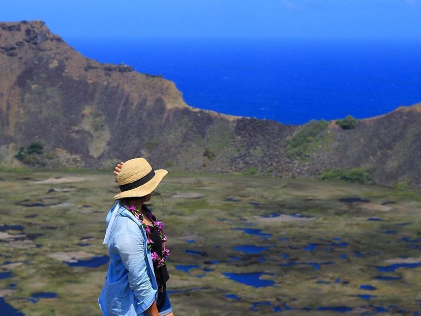 The Rano Kau volcano viewpoint, "HOPUMANU AND THE CEREMONIAL VILLAGE OF ORONGO" Tour, Rapa Nui, Chile.