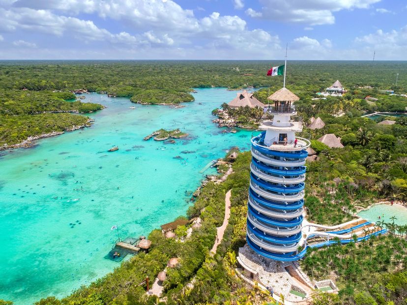 Panoramic View of Xel-Ha Park, with many fun attractions in the Yucatan Peninsula. Mexico.