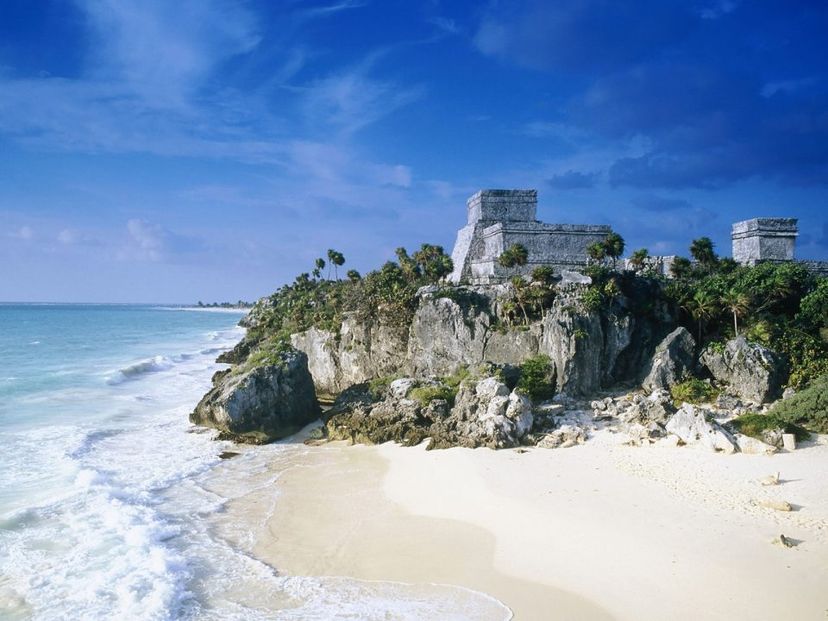 panoramic view of Pyramid "El Castillo" in Tulum Archaeological Zone. Tulum, Mexico.